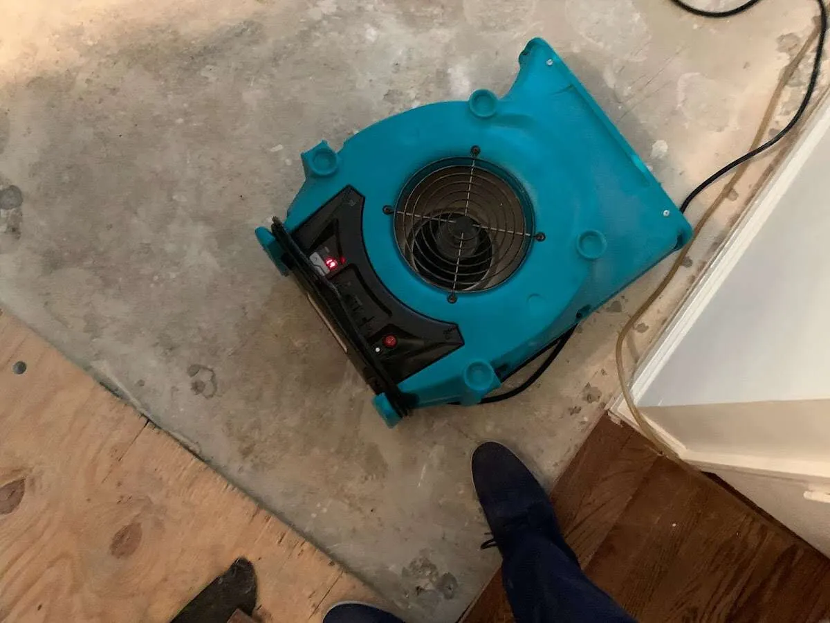 Air mover drying subfloor during Leak Detection & Repair in Brooklyn Park